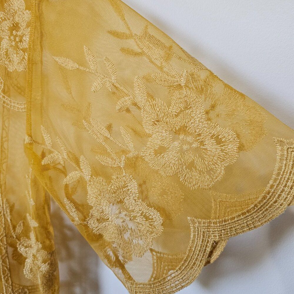 EUC LIKE NEW BLUE RAIN MUSTARD LACE EMBROIDERED BOHO KIMONO TOP SIZE M - Picture 4 of 13